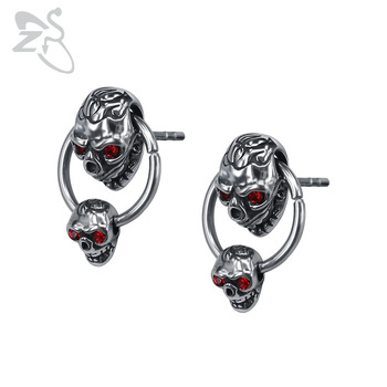 ZS Double Skull Head Earrings with Red Zirconia Eyes Men's Punk Stainless Steel Ear Stud Jewelry Accessories Hip Hop Earring